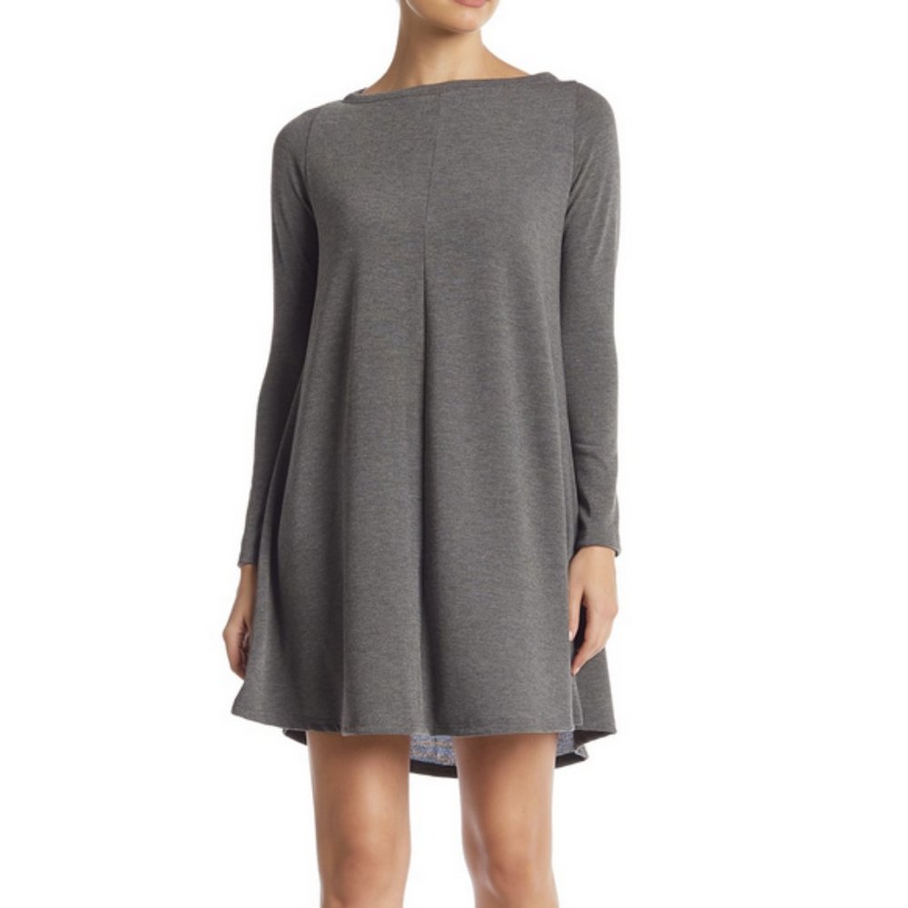 NEW Go Couture Long Sleeve Boatneck Dress Grey Lg